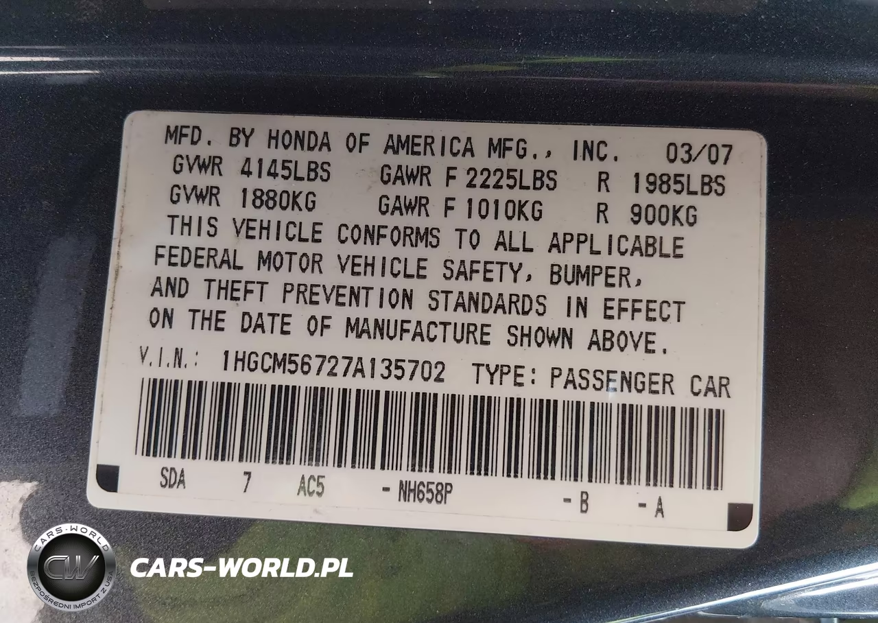 2007 Honda Accord 2.4 Ex VIN:1HGCM56727A135702 - 9