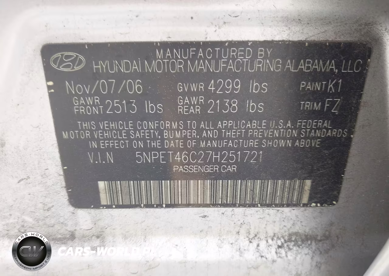2007 Hyundai Sonata VIN:5NPET46C27H251721 - 9