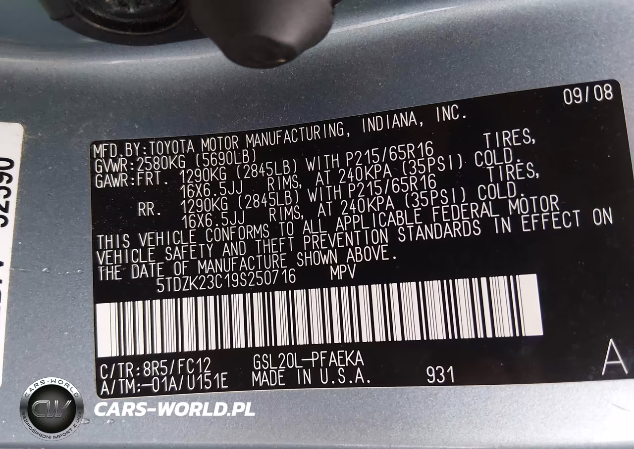 2009 Toyota Sienna Le VIN:5TDZK23C19S250716 - 9