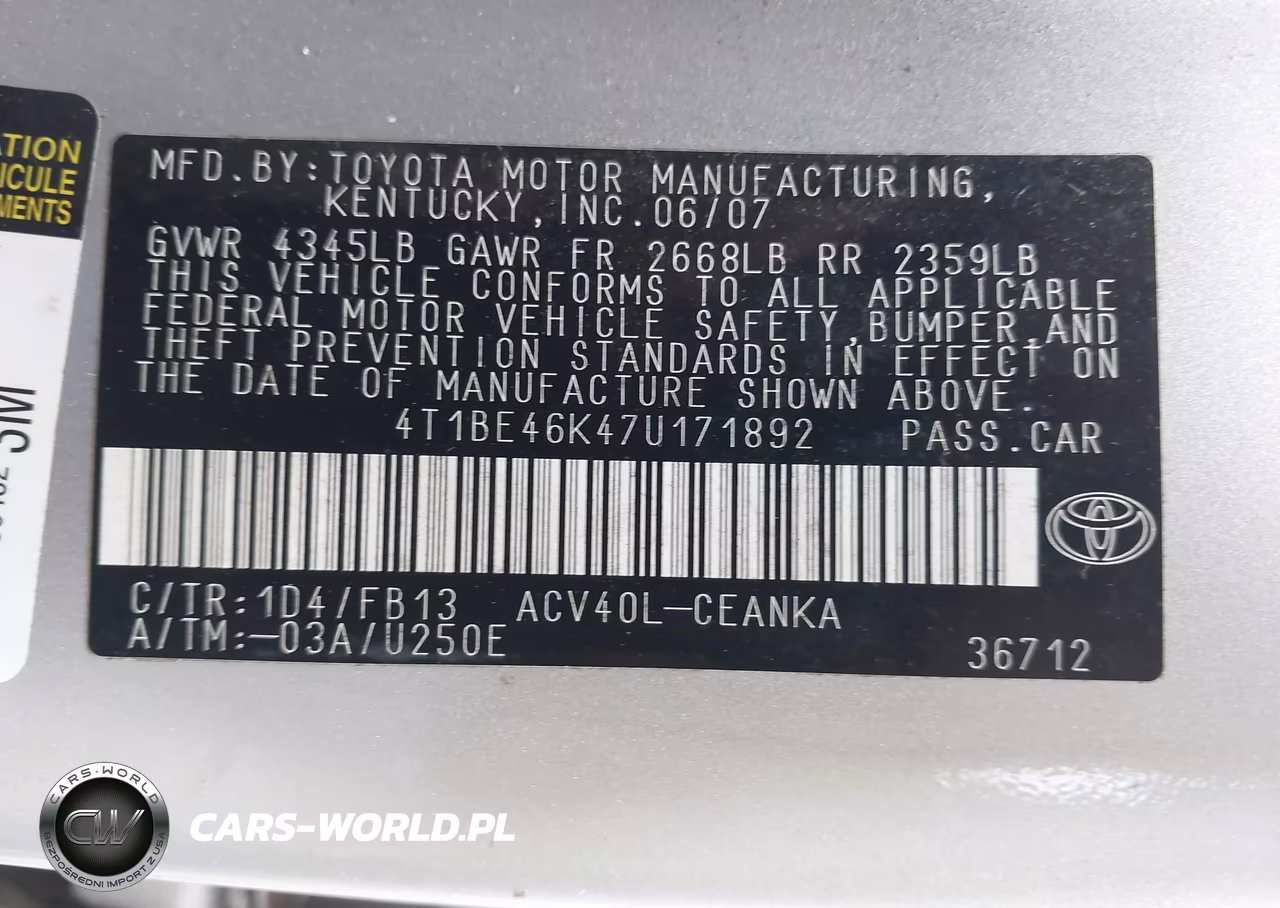 2007 Toyota Camry Le VIN:4T1BE46K47U171892 - 9