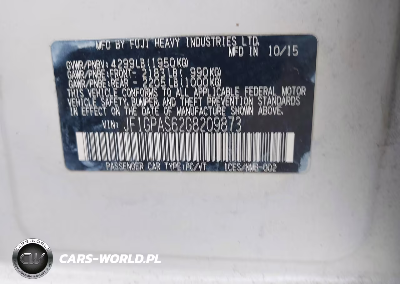 2016 SUBARU IMPREZA SPORT VIN:JF1GPAS62G8209873 - 9