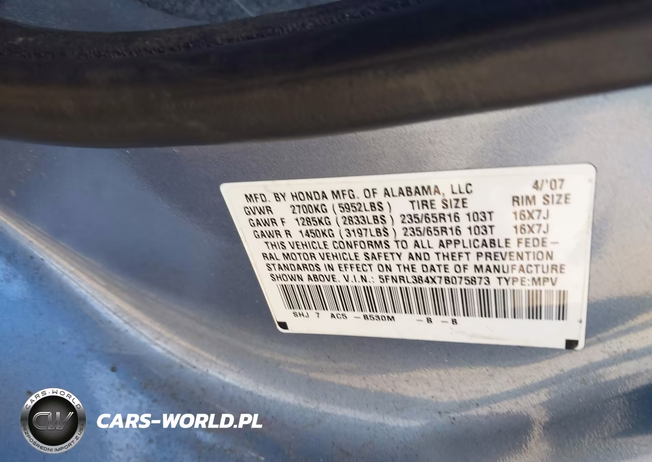 2007 Honda Odyssey Ex VIN:5FNRL384X7B075873 - 9