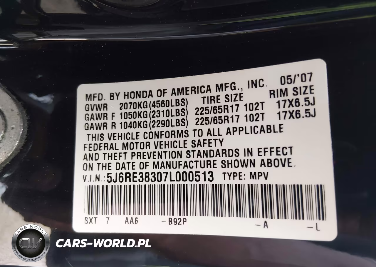2007 Honda Cr-V Lx VIN:5J6RE38307L000513 - 9