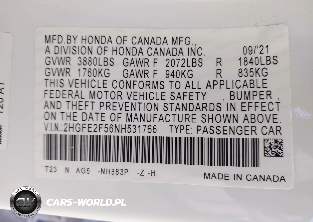 2022 Honda Civic Sport VIN:2HGFE2F56NH531766 - 9