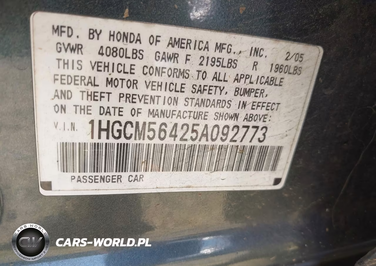 2005 Honda Accord 2.4 Lx VIN:1HGCM56425A092773 - 9