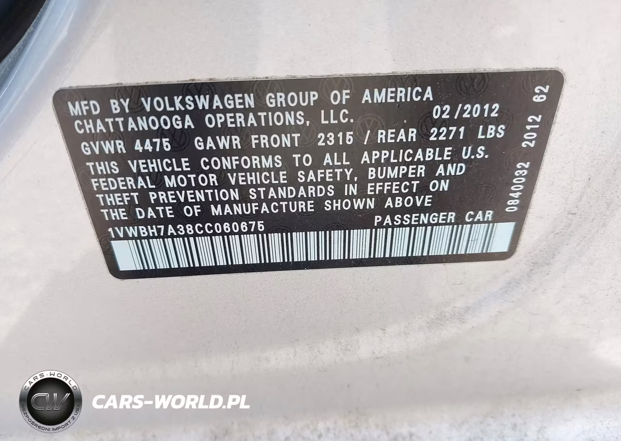 2012 Volkswagen Passat 2.5L Se VIN:1VWBH7A38CC060675 - 9