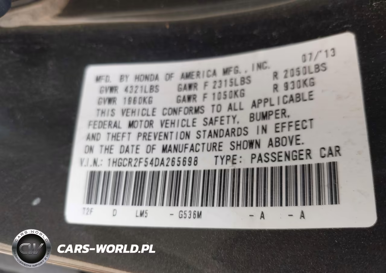 2013 Honda Accord Sport VIN:1HGCR2F54DA265698 - 9