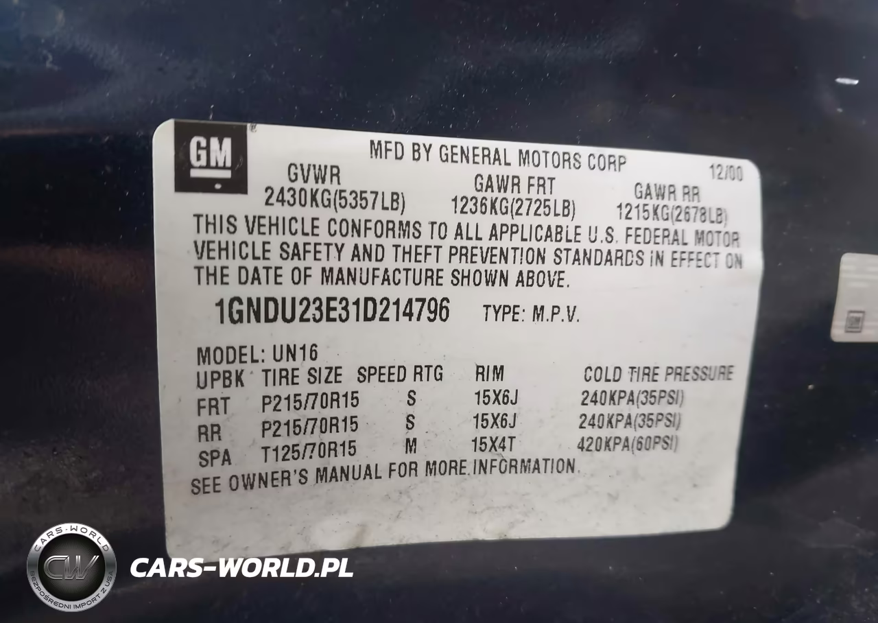 2001 Chevrolet Venture Value Van VIN:1GNDU23E31D214796 - 9