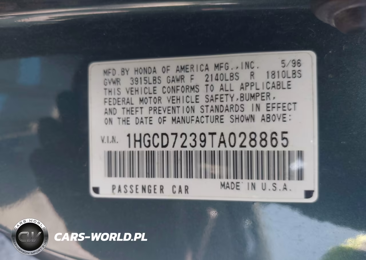 1996 Honda Accord Lx VIN:1HGCD7239TA028865 - 9