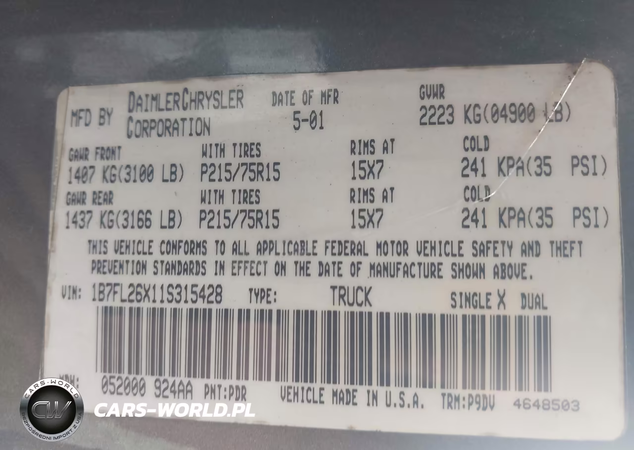 2001 Dodge Dakota Slt-Sport VIN:1B7FL26X11S315428 - 9