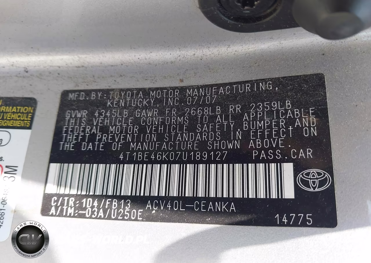 2007 Toyota Camry Le VIN:4T1BE46K07U189127 - 9