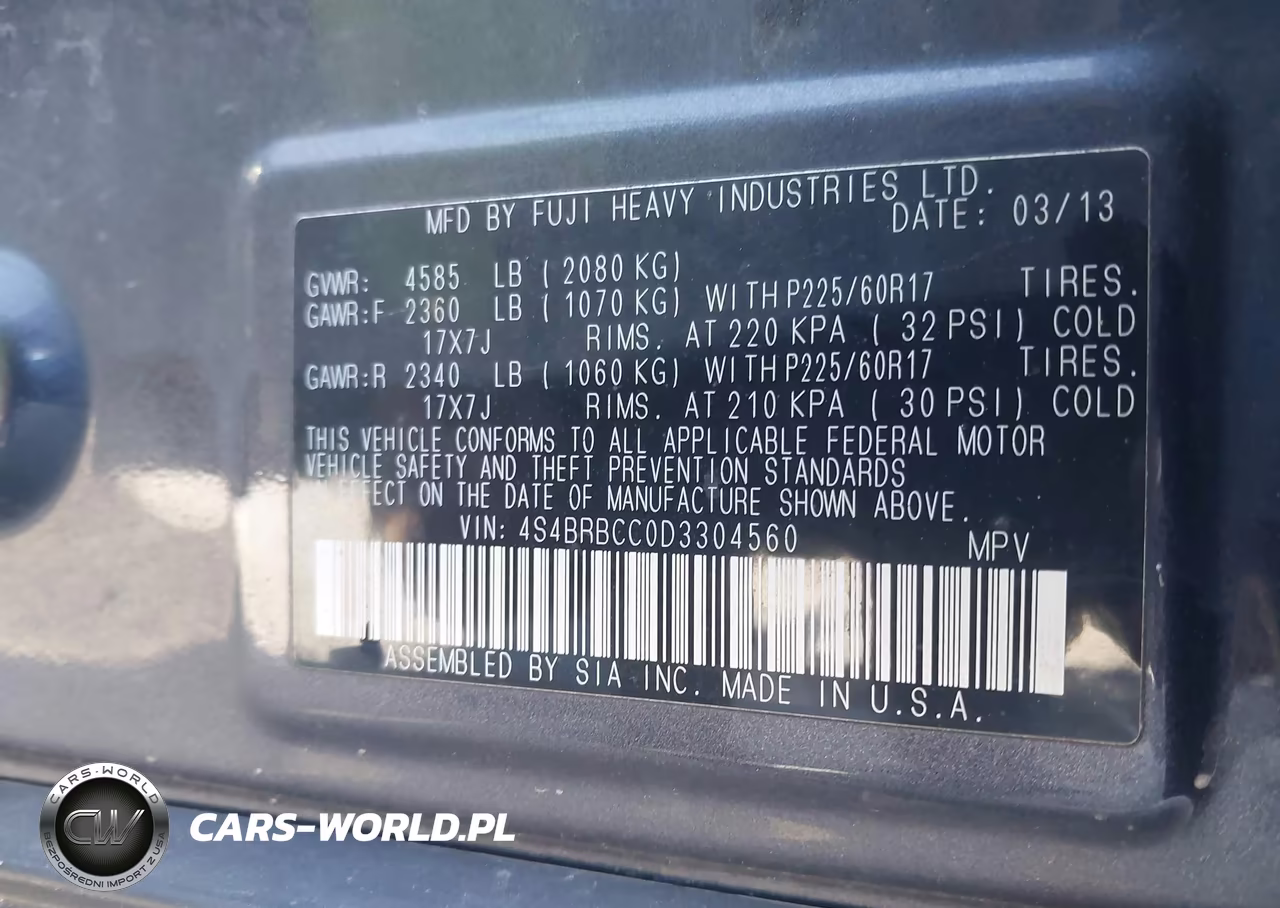 2013 Subaru Outback 2.5I Premium VIN:4S4BRBCC0D3304560 - 9