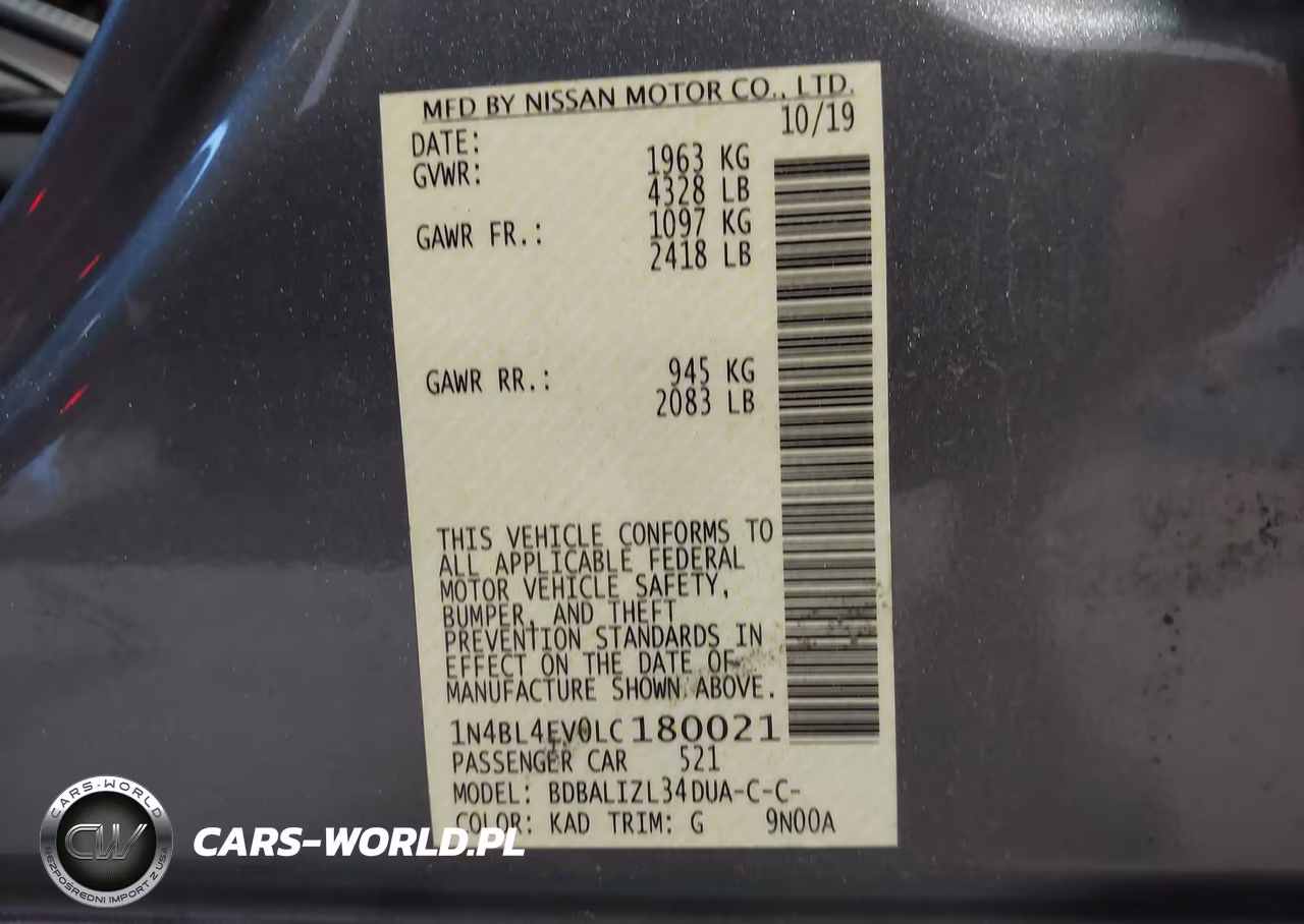2020 Nissan Altima Sl Fwd VIN:1N4BL4EV0LC180021 - 9