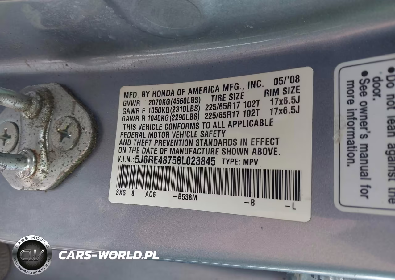 2008 Honda Cr-V Ex-L VIN:5J6RE48758L023845 - 9