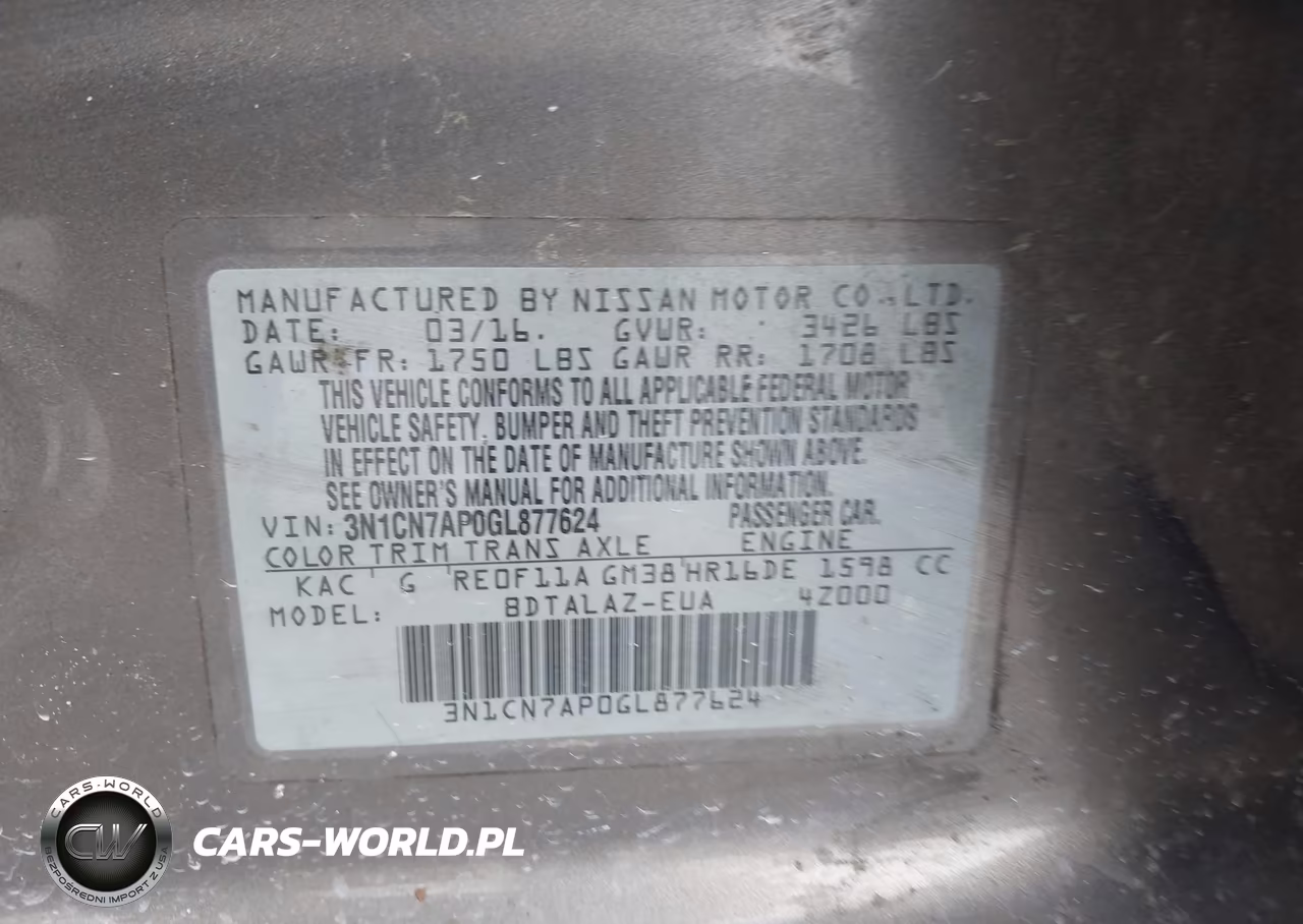 2016 Nissan Versa 1.6 S+ VIN:3N1CN7AP0GL877624 - 9