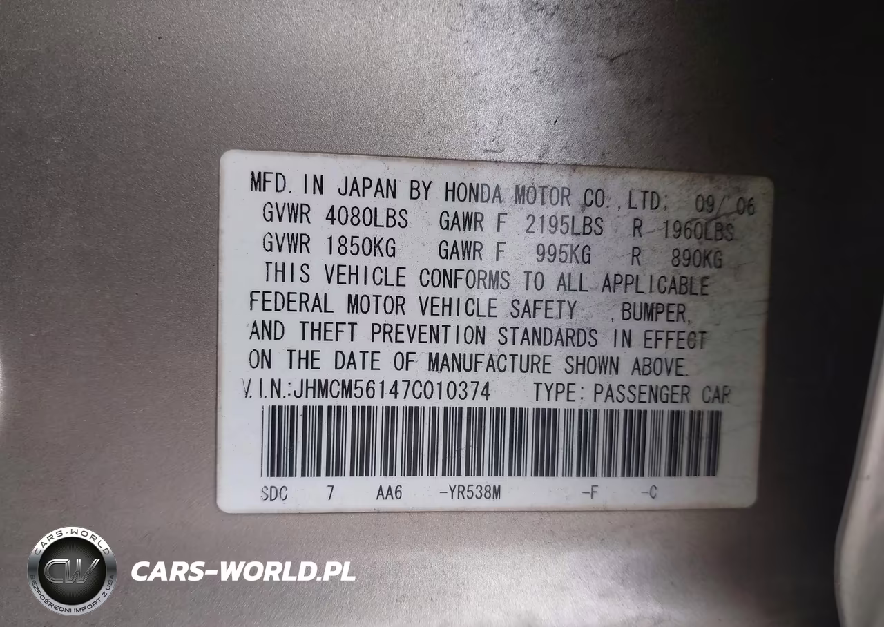 2007 Honda Accord 2.4 Vp VIN:JHMCM56147C010374 - 9
