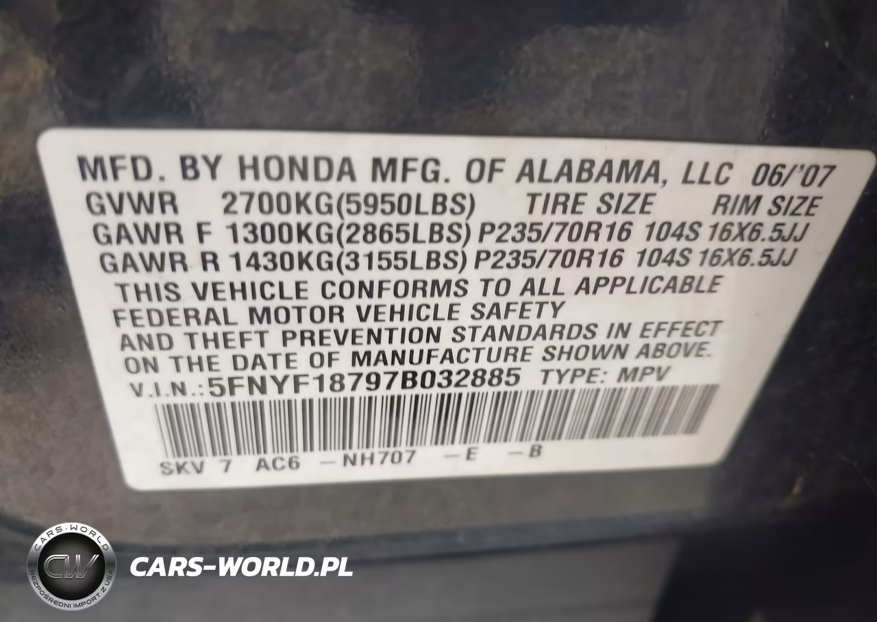 2007 Honda Pilot Ex-L VIN:5FNYF18797B032885 - 9