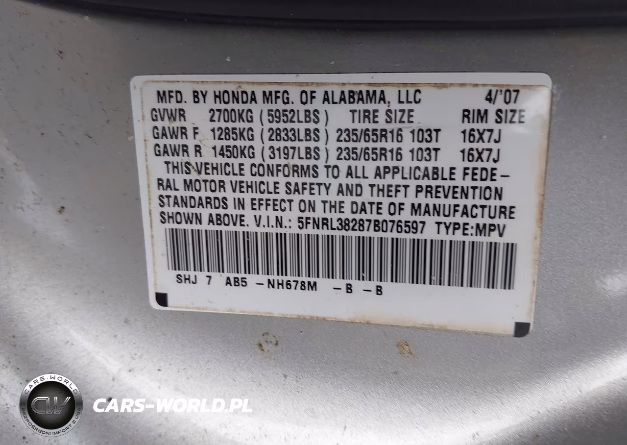 2007 Honda Odyssey Lx VIN:5FNRL38287B076597 - 9