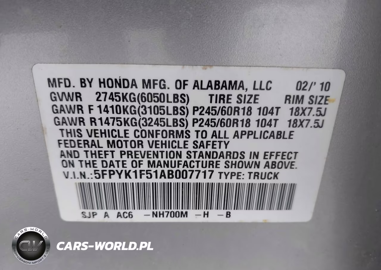 2010 Honda Ridgeline Rtl VIN:5FPYK1F51AB007717 - 9