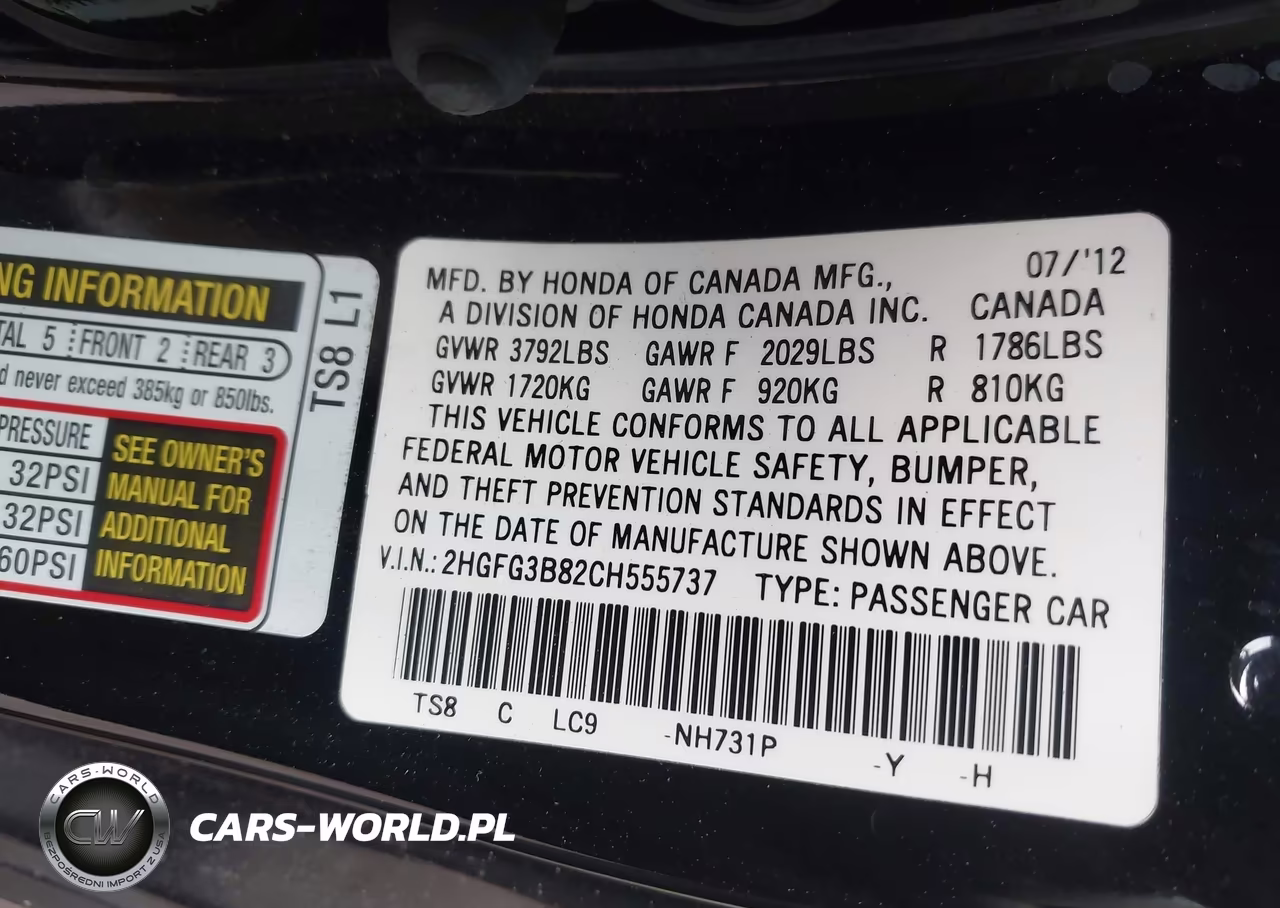 2012 Honda Civic Ex VIN:2HGFG3B82CH555737 - 9