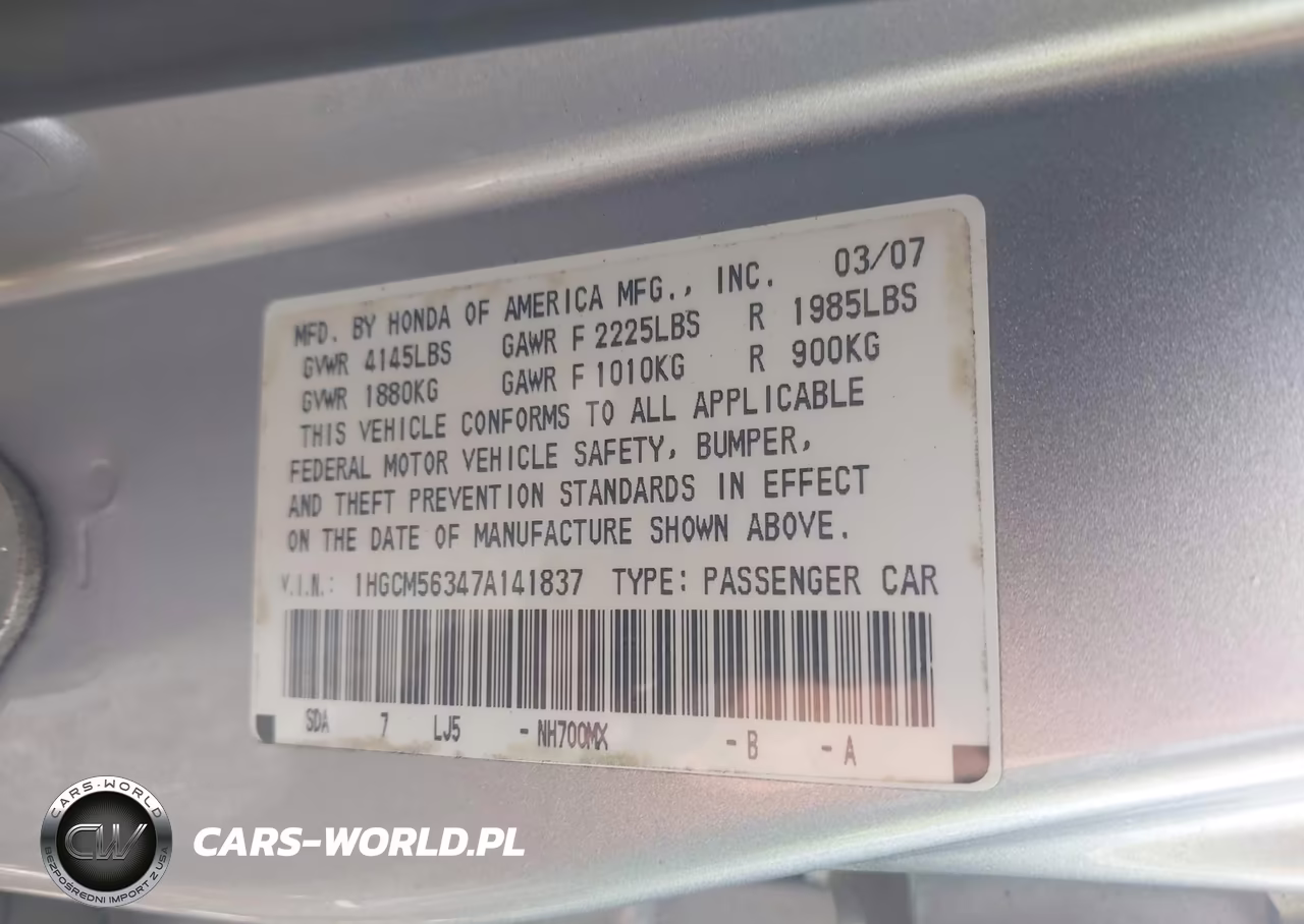 2007 Honda Accord 2.4 Se VIN:1HGCM56347A141837 - 9
