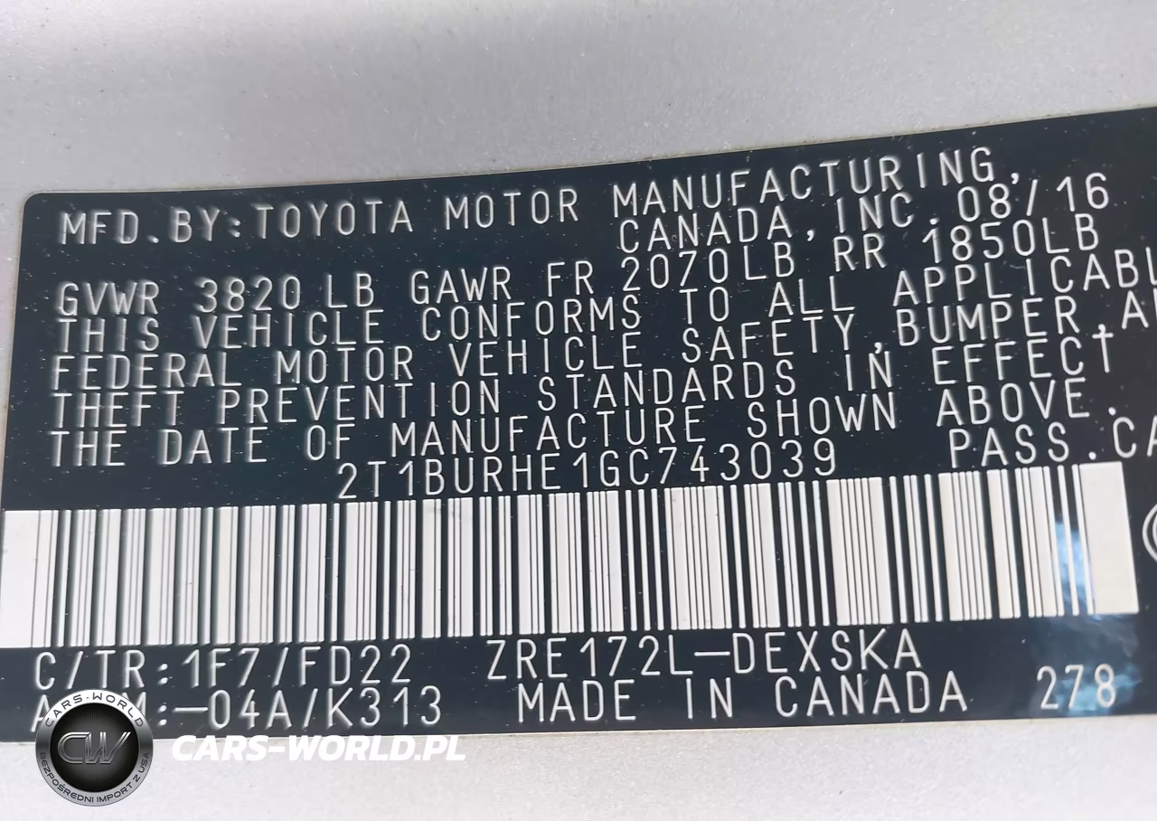 TOYOTA COROLLA L VIN:2T1BURHE1GC743039 - 9