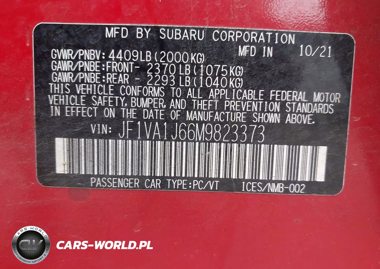 2021 Subaru Wrx Limited VIN:JF1VA1J66M9823373 - 9