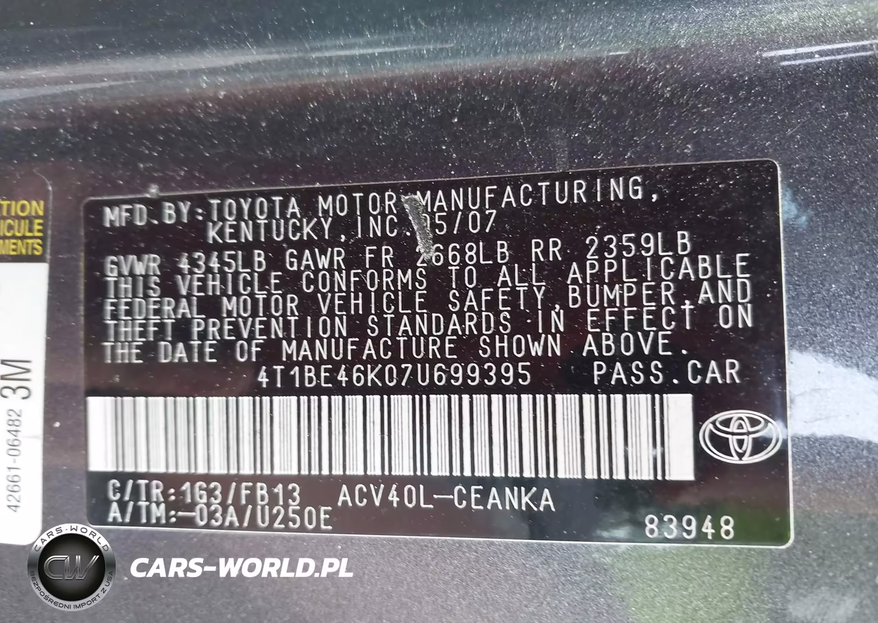 2007 Toyota Camry Le VIN:4T1BE46K07U699395 - 9