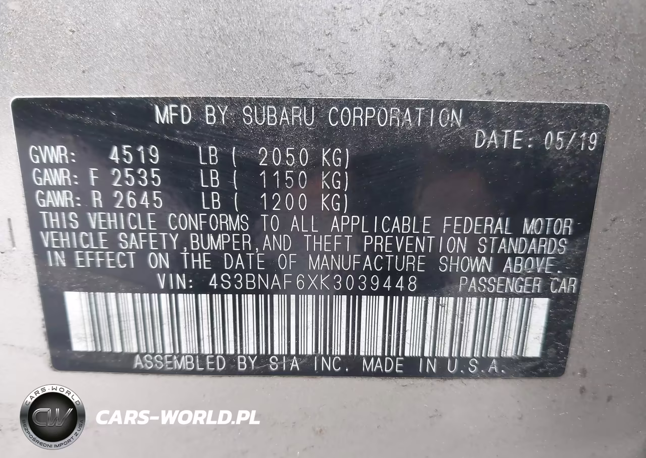 2019 Subaru Legacy 2.5I Premium VIN:4S3BNAF6XK3039448 - 9