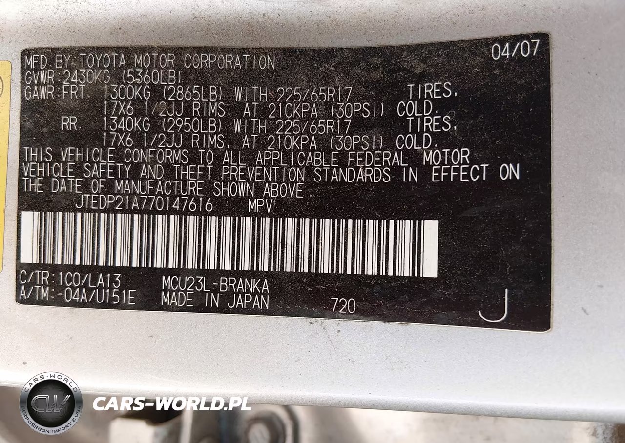 2007 Toyota Highlander Limited W-3Rd Row VIN:JTEDP21A770147616 - 9