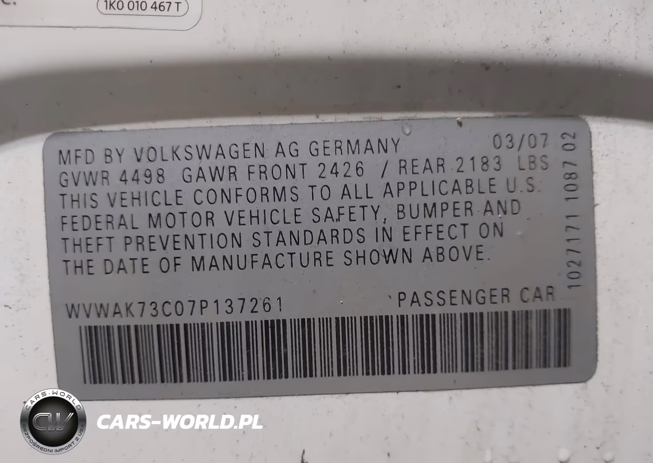 2007 Volkswagen Passat 2.0T Wolfsburg Edition VIN:WVWAK73C07P137261 - 9