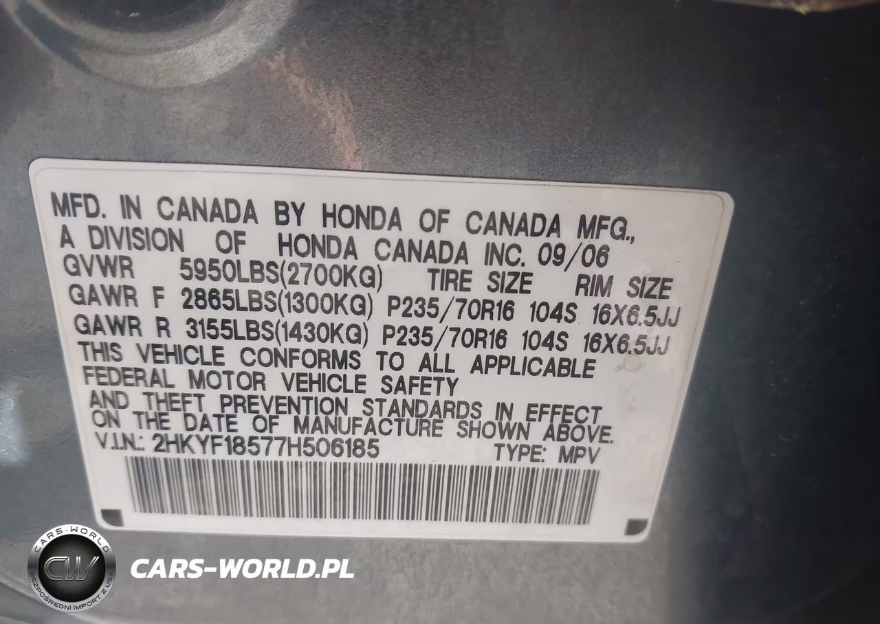 2007 Honda Pilot Ex-L VIN:2HKYF18577H506185 - 9