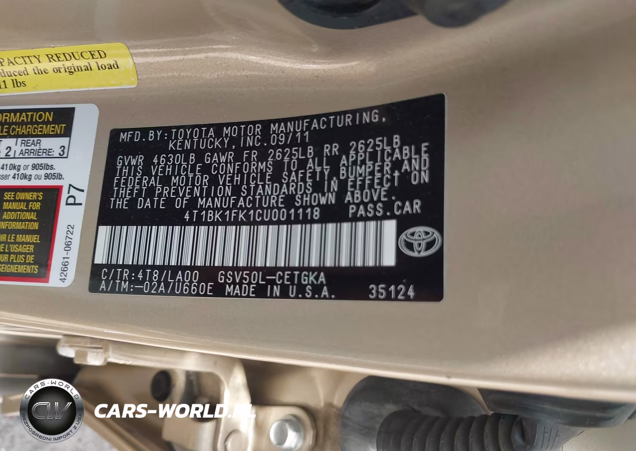 2012 Toyota Camry Xle V6 VIN:4T1BK1FK1CU001118 - 9