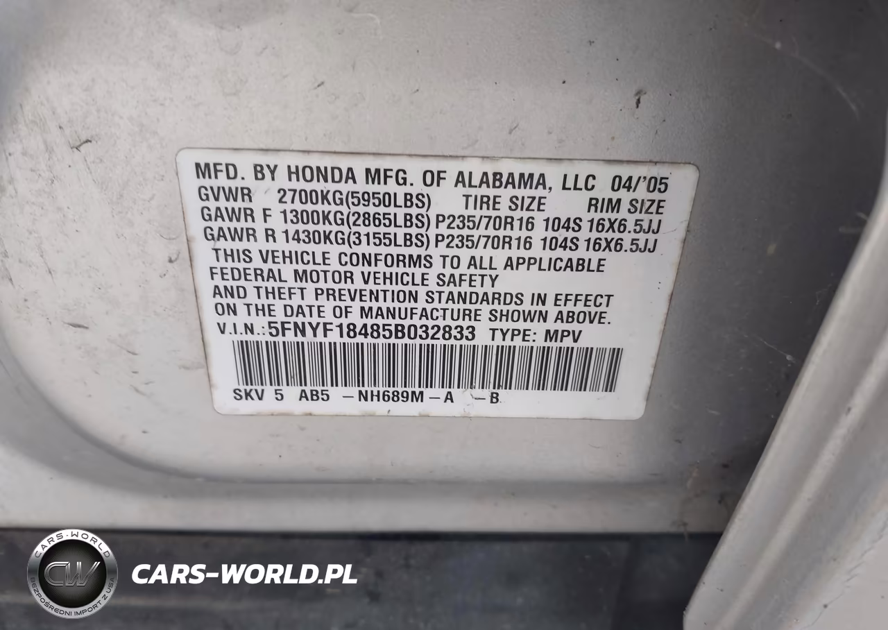 2005 Honda Pilot Ex VIN:5FNYF18485B032833 - 9