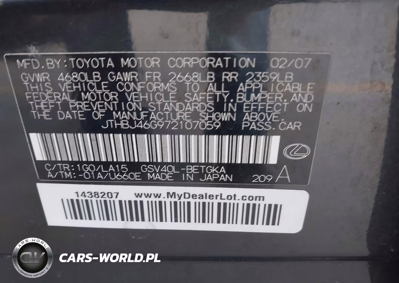2007 Lexus Es 350 VIN:JTHBJ46G972107059 - 9