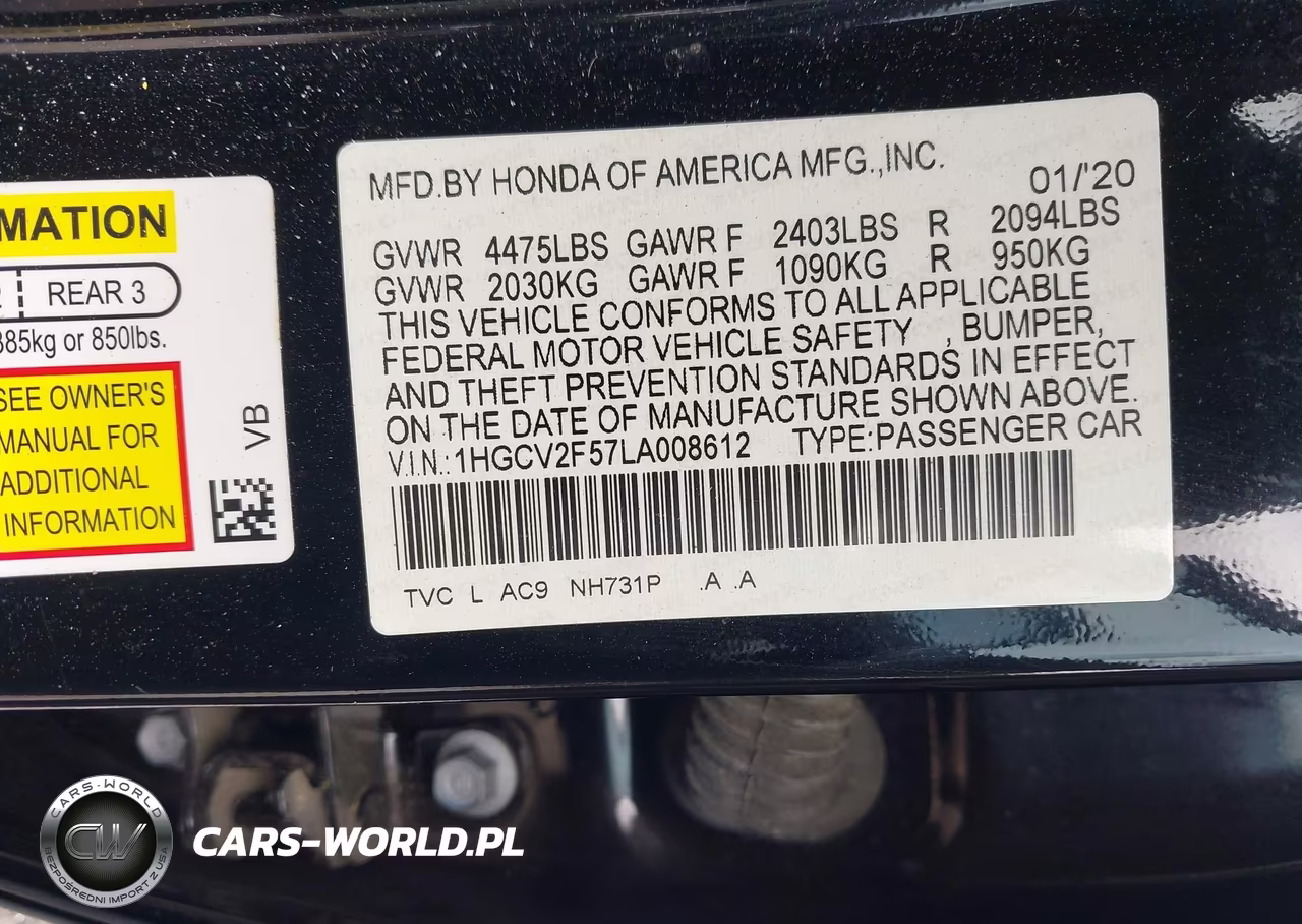 2020 Honda Accord Ex-L 2.0T VIN:1HGCV2F57LA008612 - 9
