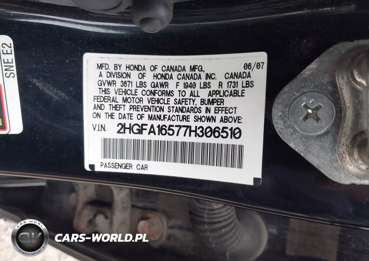 2007 Honda Civic Lx VIN:2HGFA16577H306510 - 9