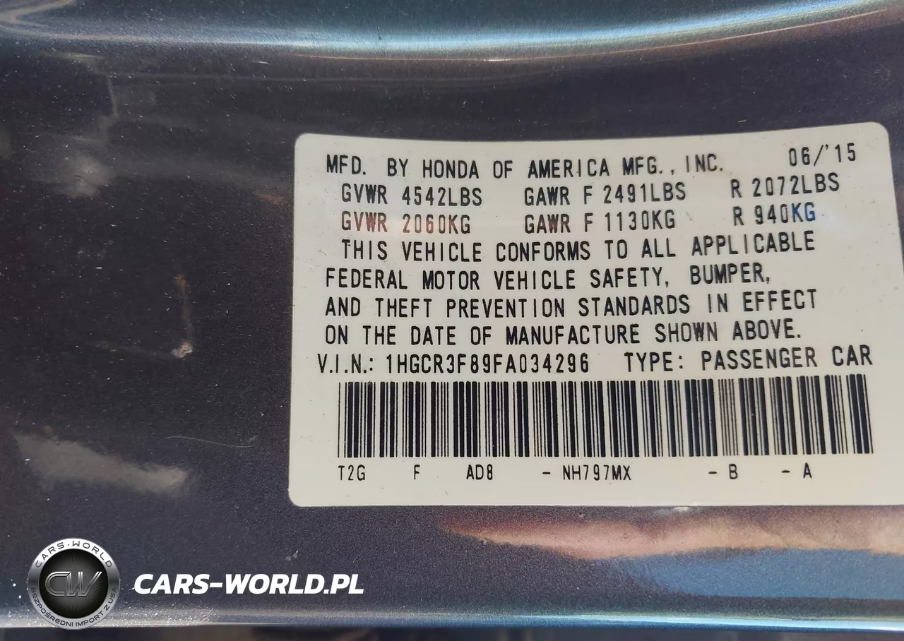 2015 Honda Accord Ex-L V-6 VIN:1HGCR3F89FA034296 - 9