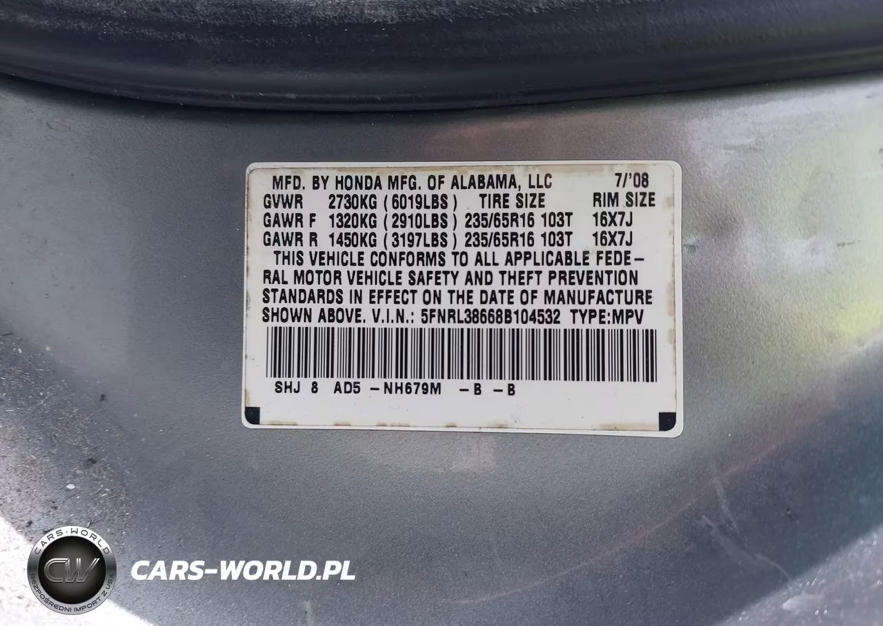 2008 HONDA ODYSSEY EX-L VIN:5FNRL38668B104532 - 9