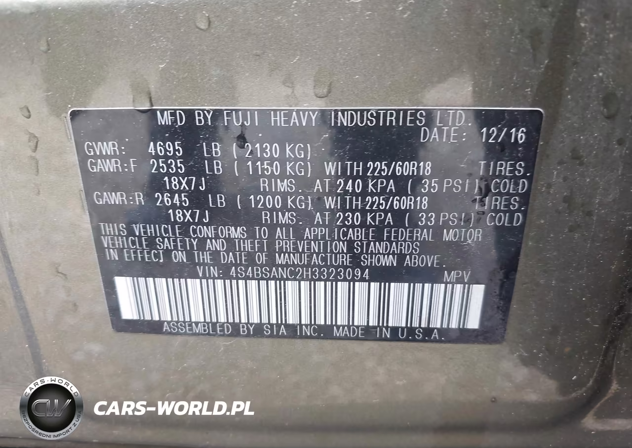 2017 Subaru Outback 2.5I Limited VIN:4S4BSANC2H3323094 - 9