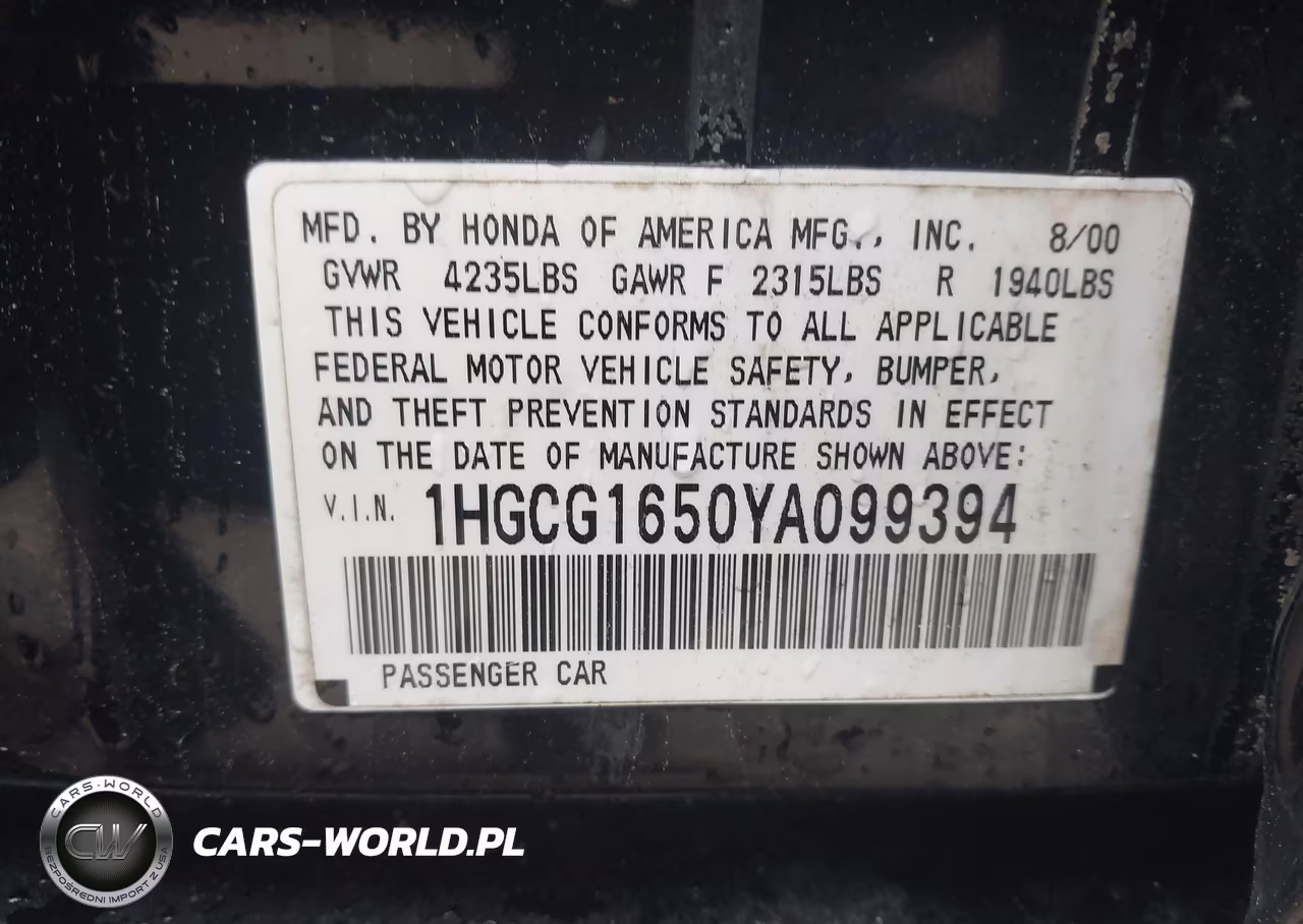 2000 Honda Accord 3.0 Ex VIN:1HGCG1650YA099394 - 9