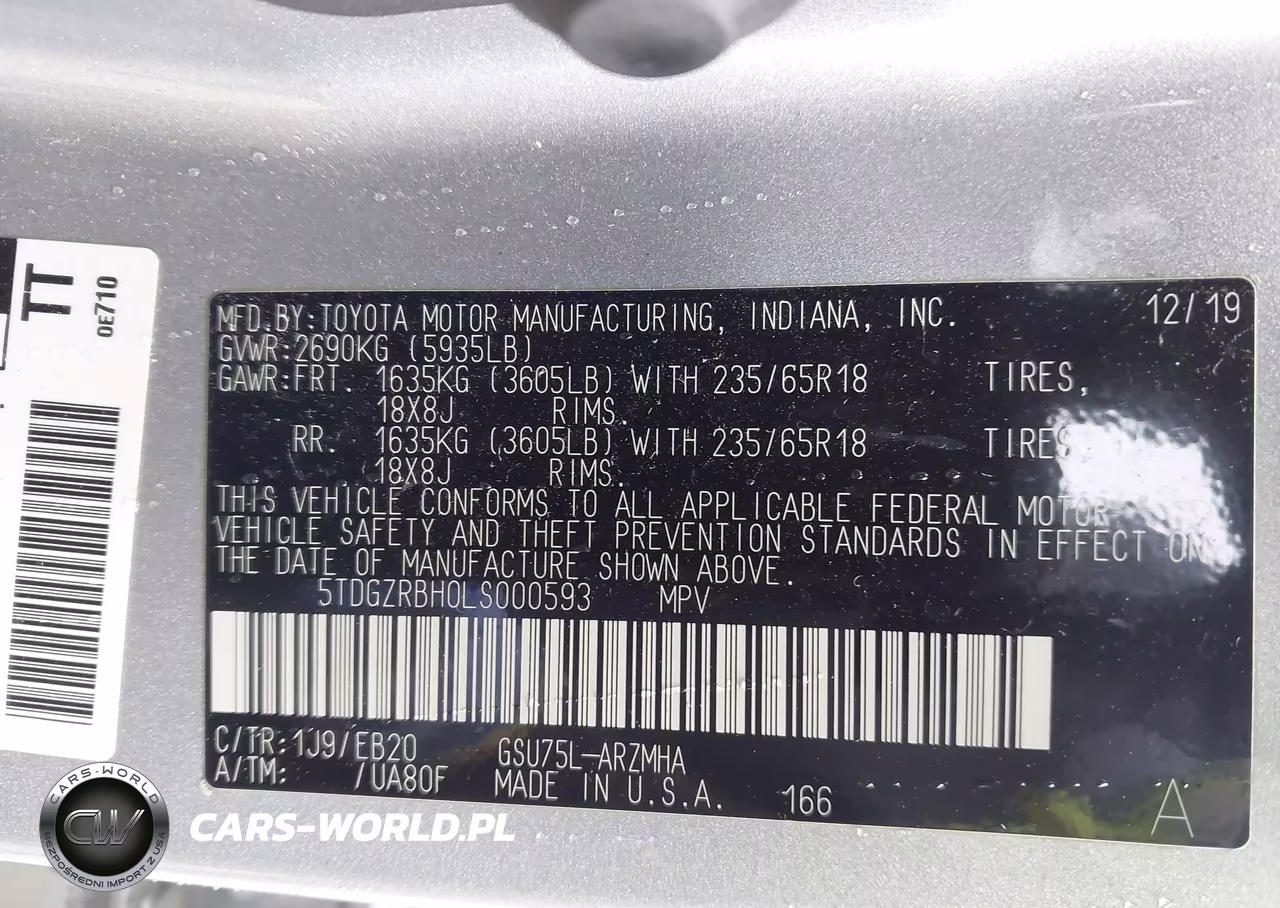 2020 Toyota Highlander Xle VIN:5TDGZRBH0LS000593 - 9