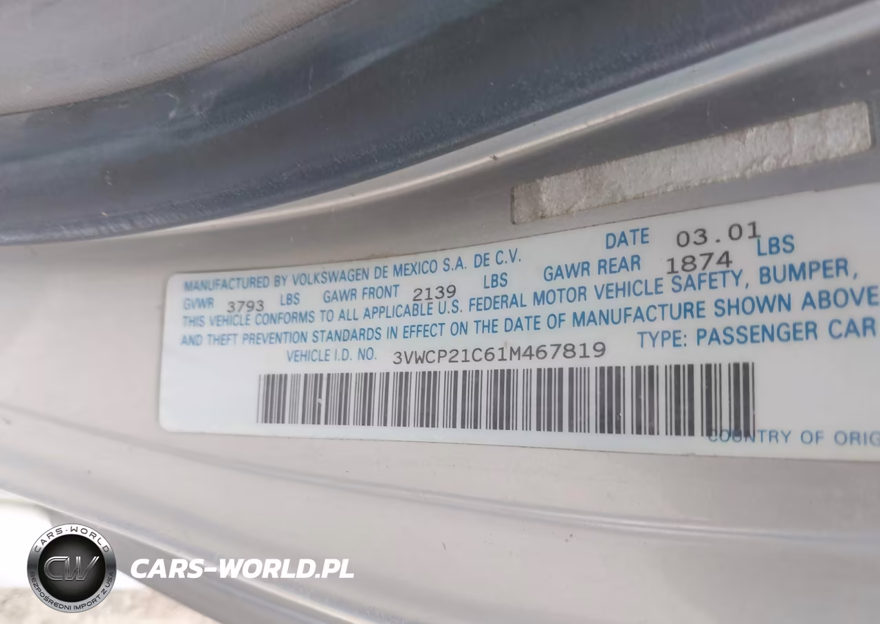 2001 Volkswagen New Beetle Gls Tdi VIN:3VWCP21C61M467819 - 9
