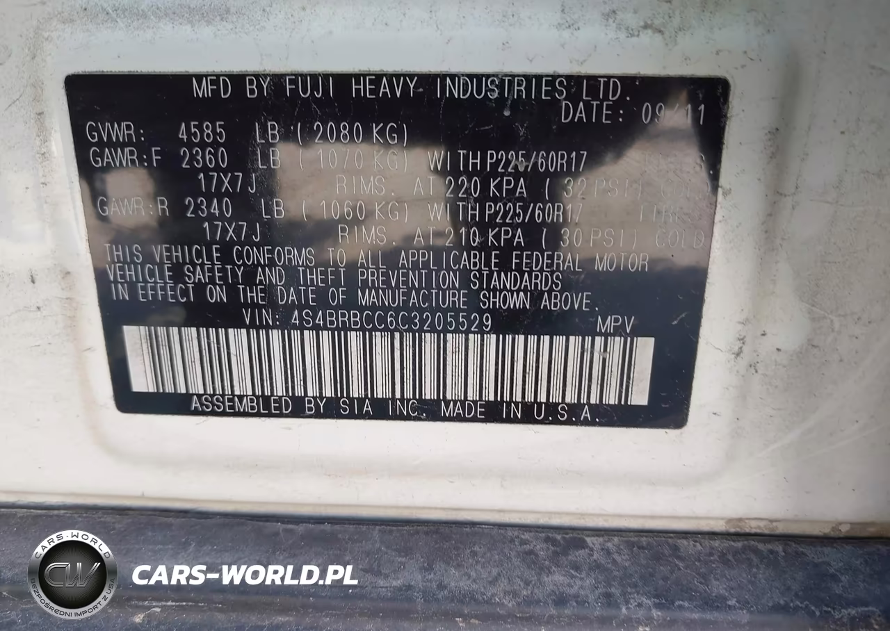 2012 Subaru Outback 2.5I Premium VIN:4S4BRBCC6C3205529 - 9