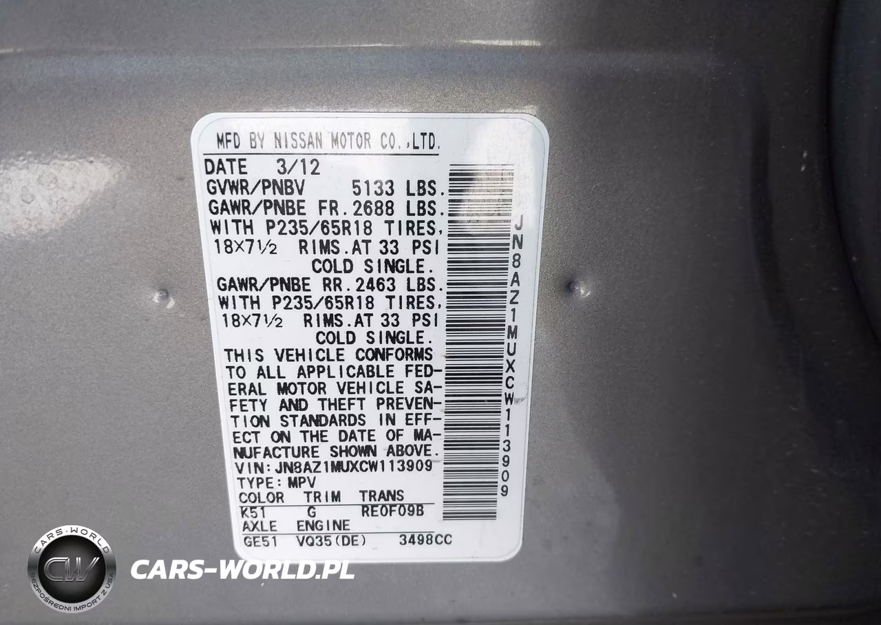 2012 Nissan Murano Sl VIN:JN8AZ1MUXCW113909 - 9