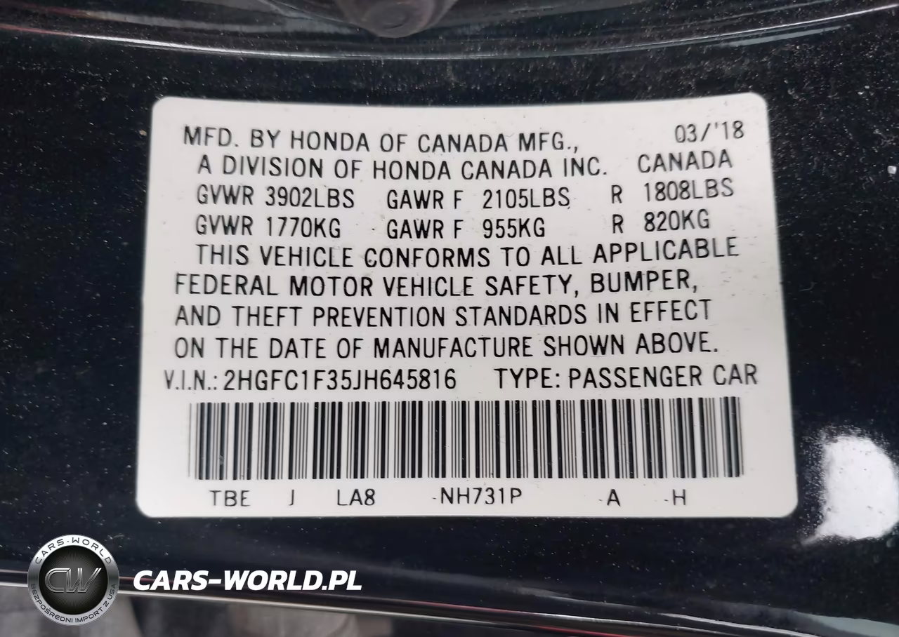2018 Honda Civic Ex-T VIN:2HGFC1F35JH645816 - 9