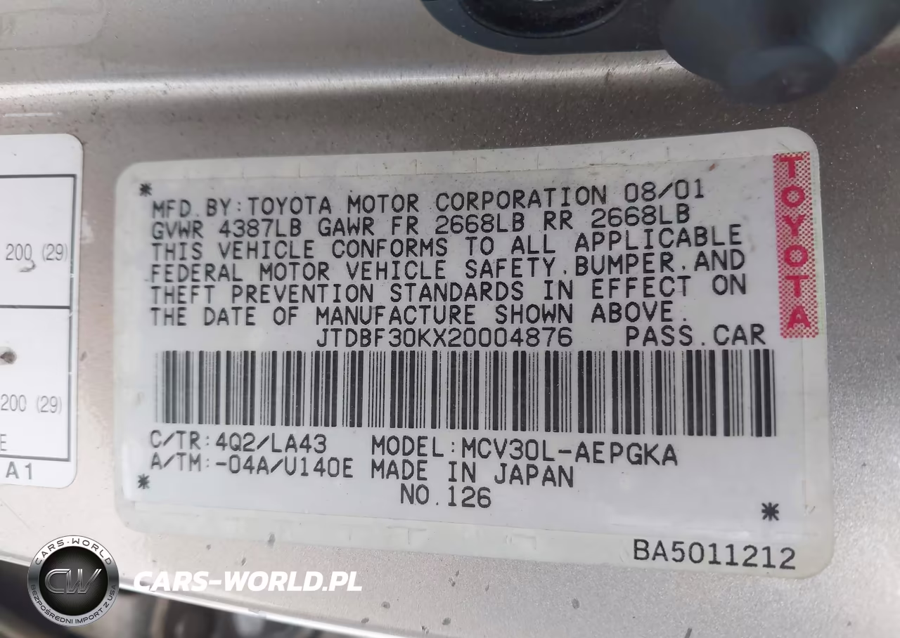 2002 Toyota Camry Xle VIN:JTDBF30KX20004876 - 9