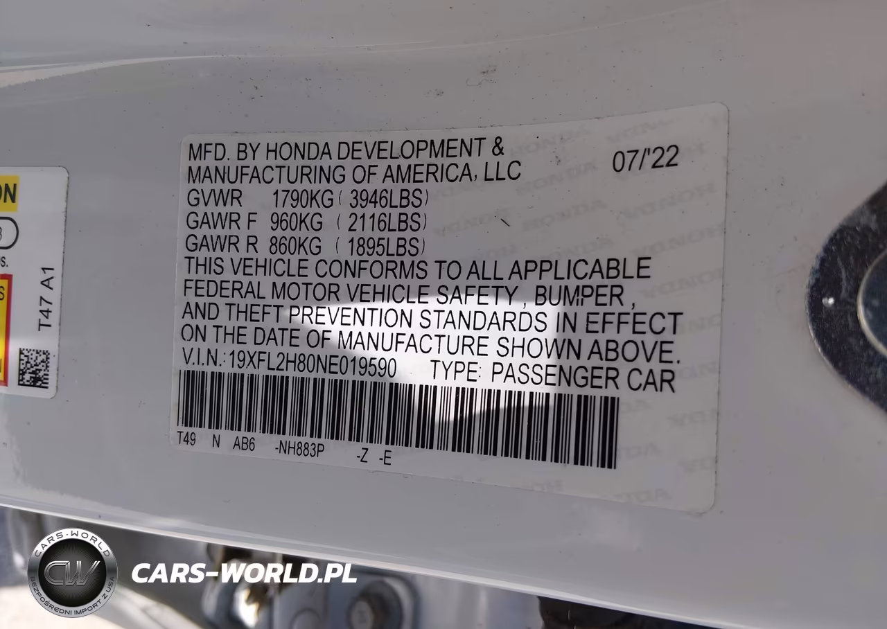 2022 Honda Civic Sport VIN:19XFL2H80NE019590 - 9