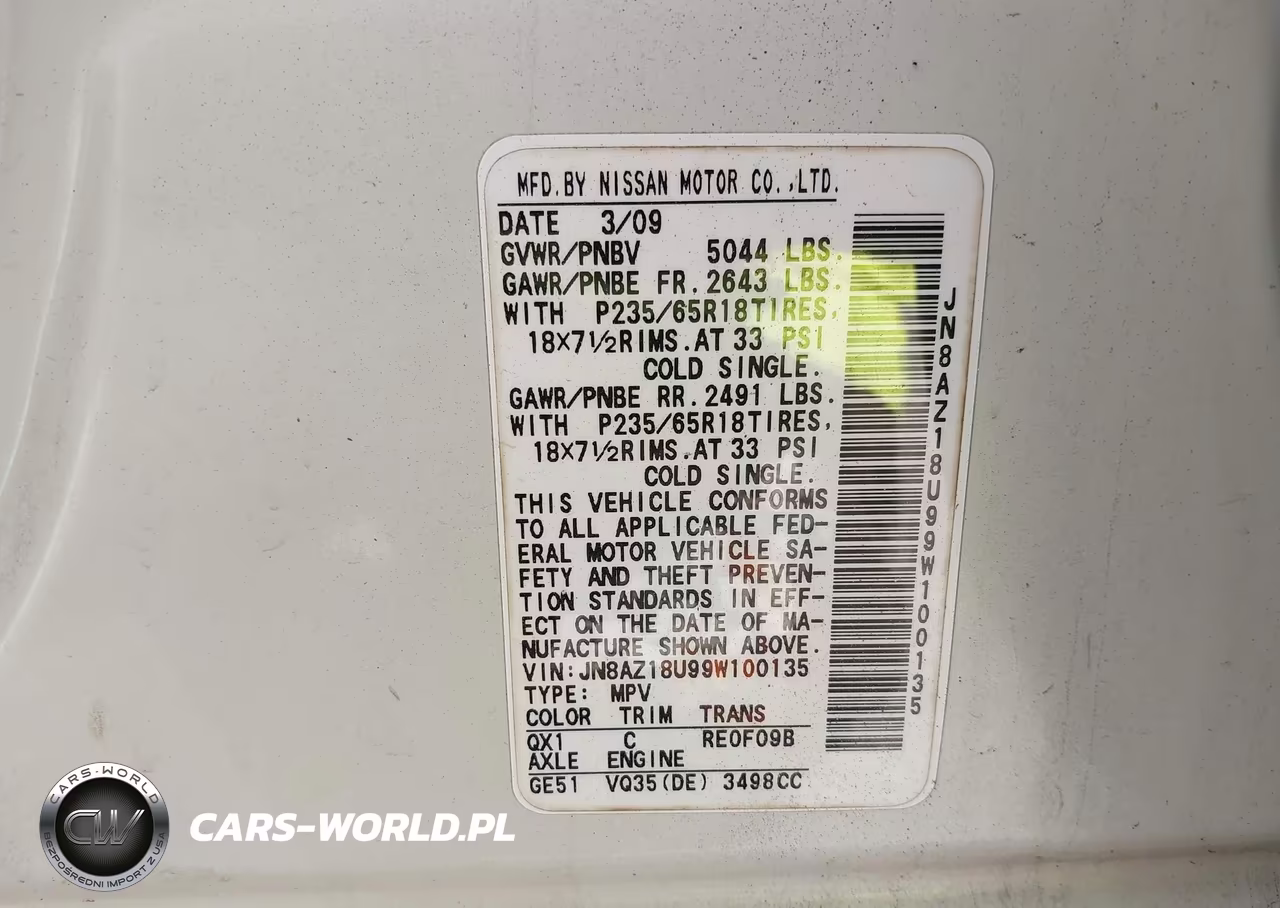 2009 Nissan Murano S VIN:JN8AZ18U99W100135 - 9