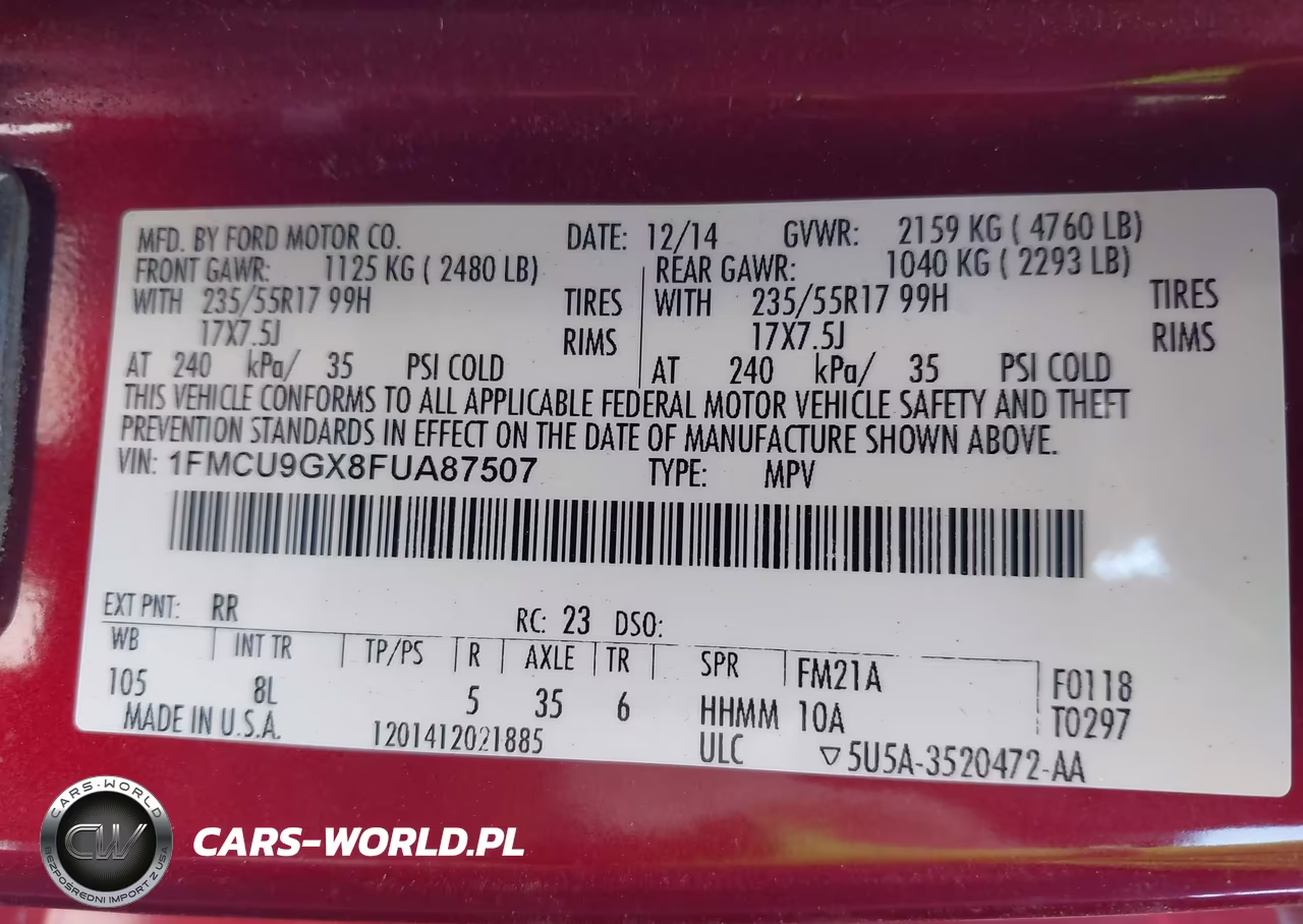 2015 Ford Escape Se VIN:1FMCU9GX8FUA87507 - 9